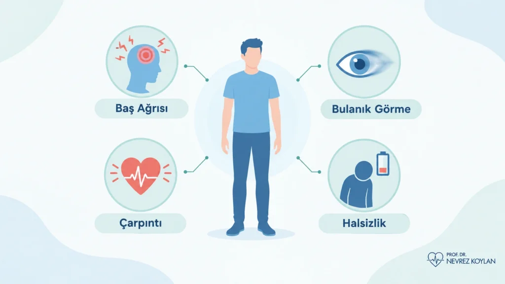 POTS belirtileri: baş ağrısı, çarpıntı, bulanık görme ve halsizlik infografiği
