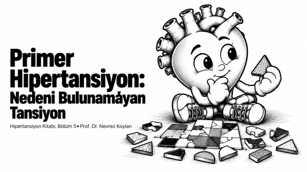 Primer hipertansiyon yazısının kapağı: elinde bir mozaik parçası tutan meraklı siyah-beyaz karikatür kalp