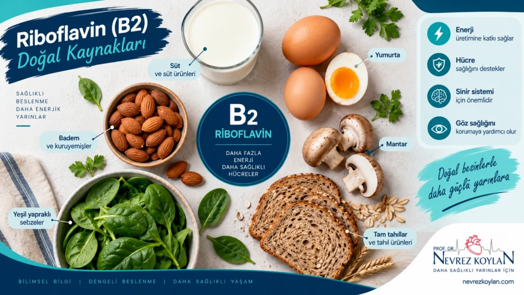 Riboflavin B2 vitamini içeren süt ürünleri, yumurta, badem ve yeşil sebzeler