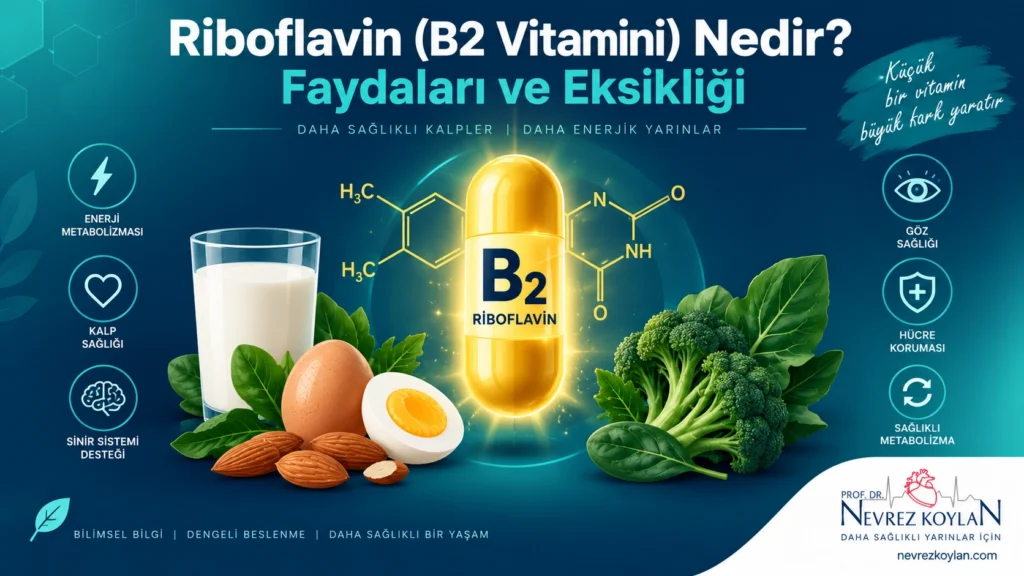 Riboflavin B2 vitamini nedir başlıklı blog kapak görseli, vitamin molekülü ve besin ikonları