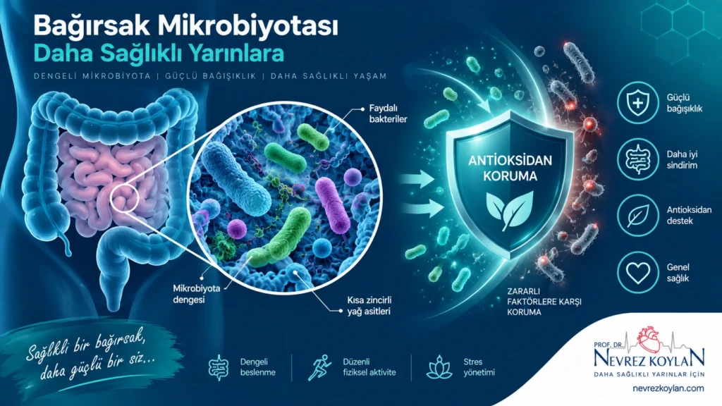 Riboflavinin bağırsak mikrobiyotası ve antioksidan etkisini gösteren bilimsel illüstrasyon