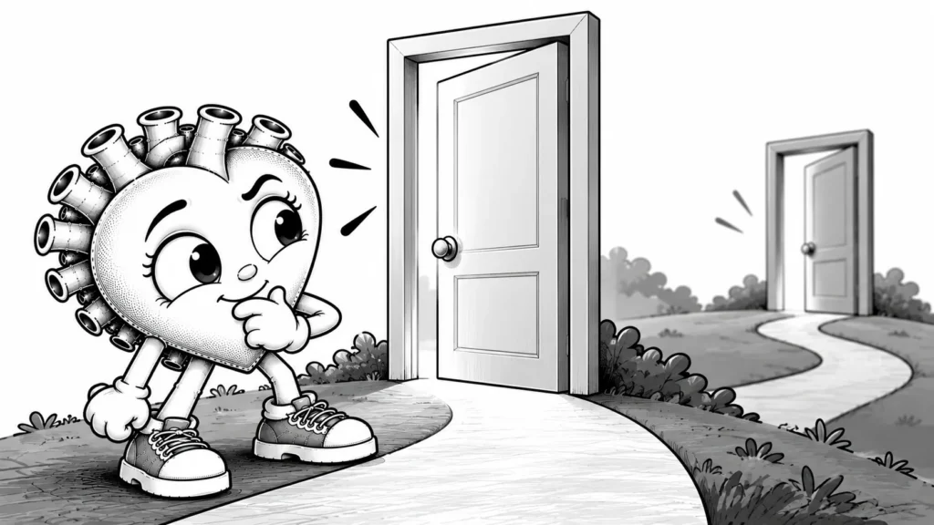 Biri daha yakın, biri daha uzak iki farklı kapıyı karşılaştıran meraklı siyah-beyaz karikatür karakter