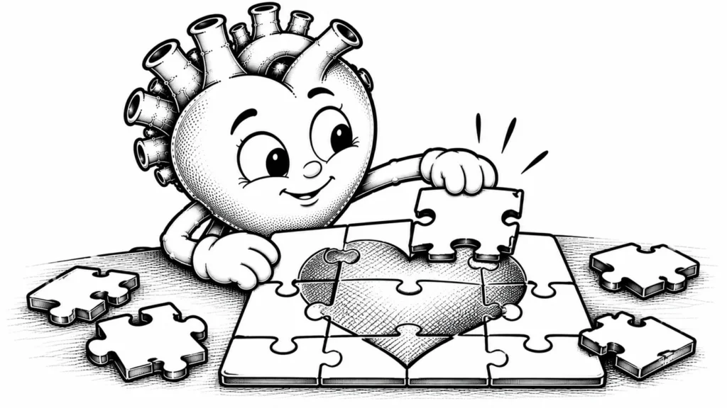 Farklı şekilli puzzle parçalarını tek bir resimde birleştiren siyah-beyaz karikatür karakter