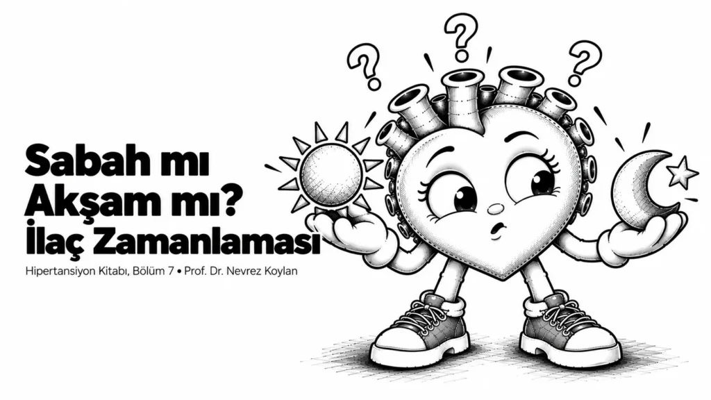 Sabah mı akşam mı ilaç zamanlaması yazısının kapağı: bir elinde güneş, diğer elinde ay simgesi tutan meraklı siyah-beyaz karikatür kalp