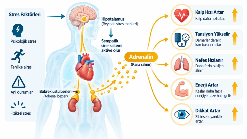 Savaş ya da kaç tepkisinde adrenalinin kalp hızı ve tansiyona etkisini gösteren infografik