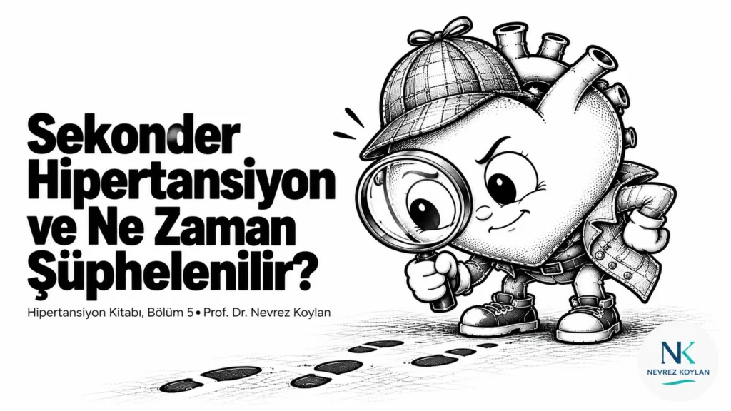 Sekonder hipertansiyon yazısının kapağı: elinde bir dedektif büyüteci tutan dikkatli siyah-beyaz karikatür kalp