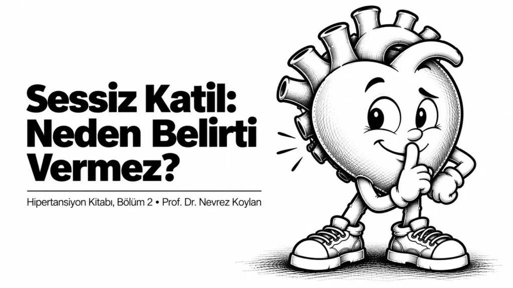 Sessiz katil neden belirti vermez yazısının kapağı: parmağını dudağına götürüp sessizce gülümseyen siyah-beyaz karikatür kalp