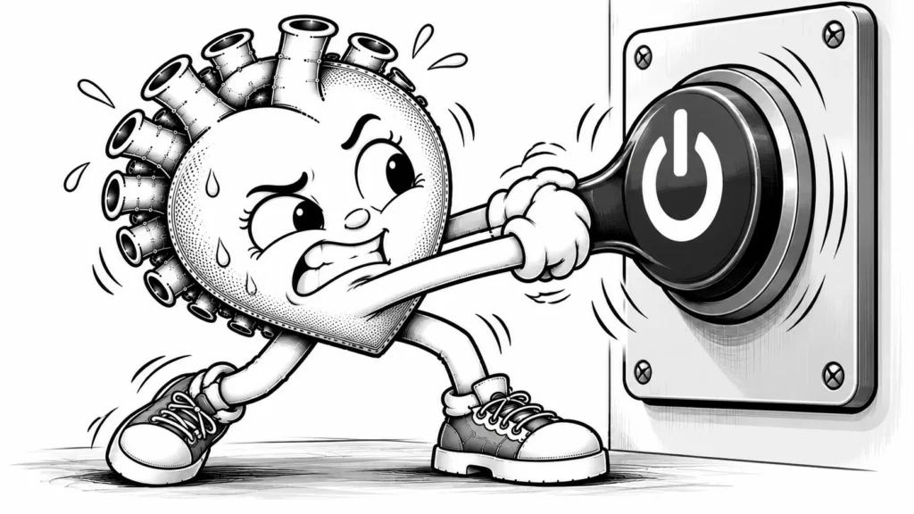 Kapatmaya çalıştığı ama bir türlü kapanmayan bir anahtar/düğme ile uğraşan siyah-beyaz karikatür karakter