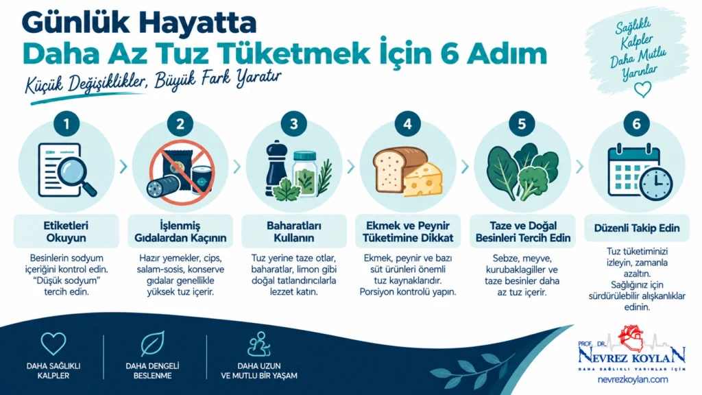 Günlük sodyum alımını azaltmanın 6 adımını gösteren infografik