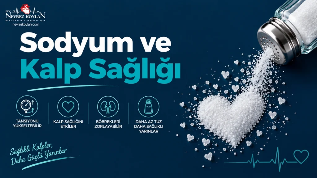 Sodyum ve kalp sağlığı ilişkisini simgeleyen, tuz tanelerinden kalp siluetine dönüşen kapak görseli