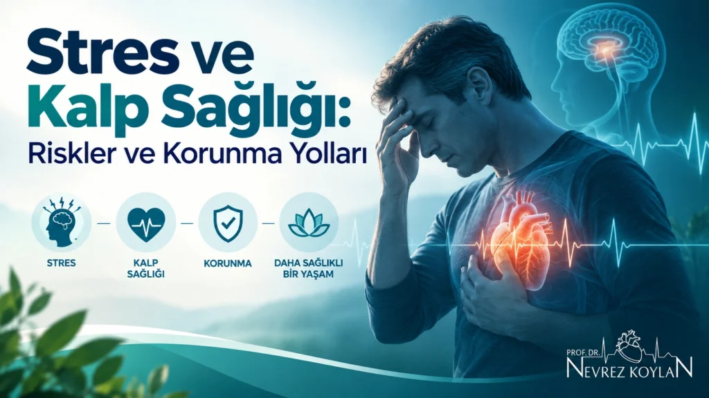 Stres ve kalp sağlığı ilişkisini simgeleyen kalp ve nabız çizgisi illüstrasyonu