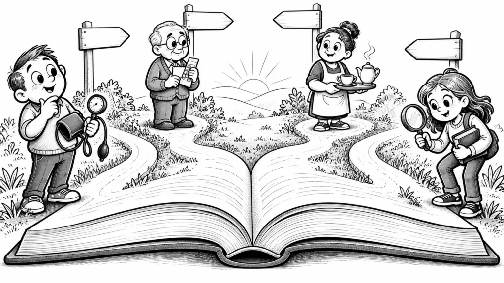 Dört farklı okur tipinin kitaptan kendi yoluna ayrıldığı yol ayrımı karikatürü