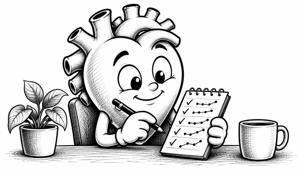 Elinde küçük bir defter tutan, birkaç günlük ölçümü işaretleyen kararlı karikatür karakter