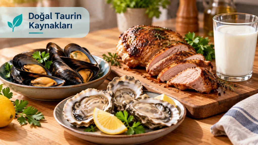 Taurin açısından zengin midye, istiridye ve tavuk eti gibi doğal besin kaynakları
