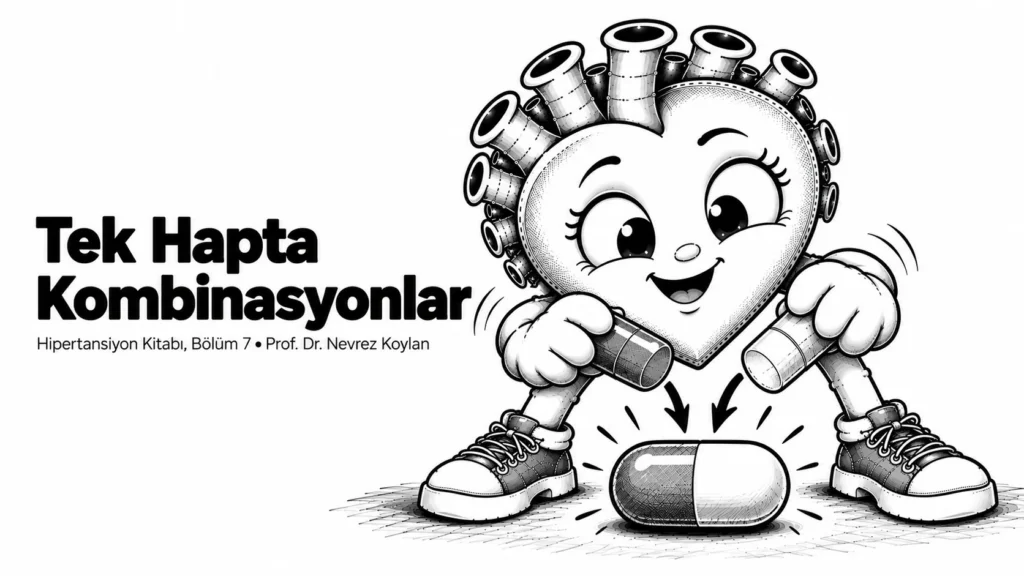 Tek hapta kombinasyonlar yazısının kapağı: iki ayrı hapı tek bir hapta birleştiren siyah-beyaz karikatür kalp