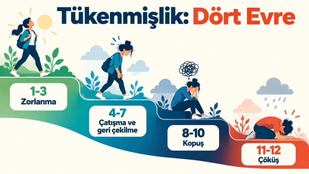 Tükenmişlik aşamaları: 12 aşamalı modelin zorlanma, çatışma, kopuş ve çöküş olmak üzere dört evrede özeti