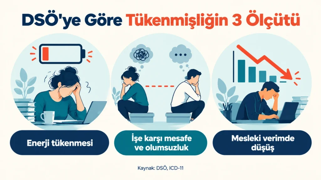 DSÖ'ye göre tükenmişliğin üç ölçütü: enerji tükenmesi, işe karşı mesafe ve mesleki verimde düşüş infografiği