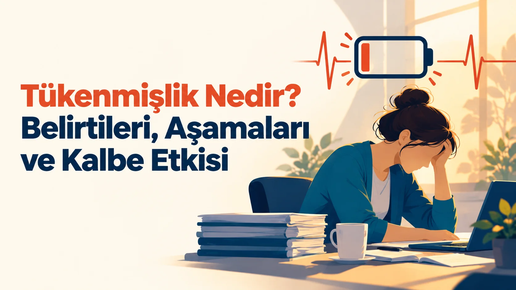 Tükenmişlik nedir başlıklı kapak görseli: yorgun bir çalışan silüeti ve zayıflayan kalp-pil simgesi