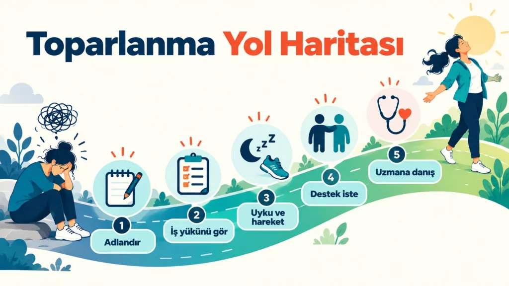 Tükenmişlikten toparlanmak için beş adımlık yol haritası: durumu adlandırma, iş yükü, uyku ve hareket, destek, profesyonel yardım