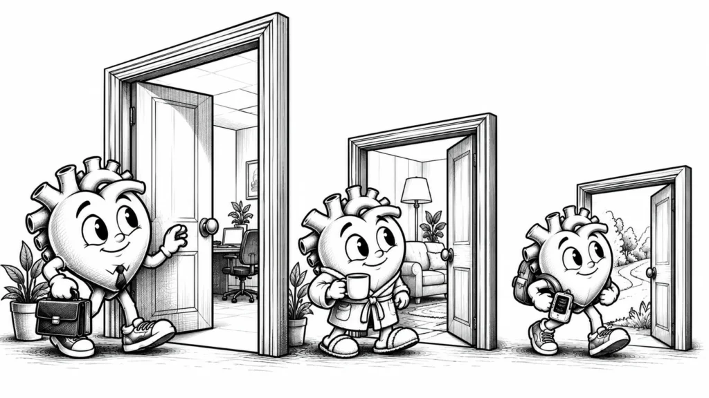 Üç farklı boyutta üç ayrı kapıdan geçen, her kapıda farklı bir ölçüm aracı tutan karikatür karakter