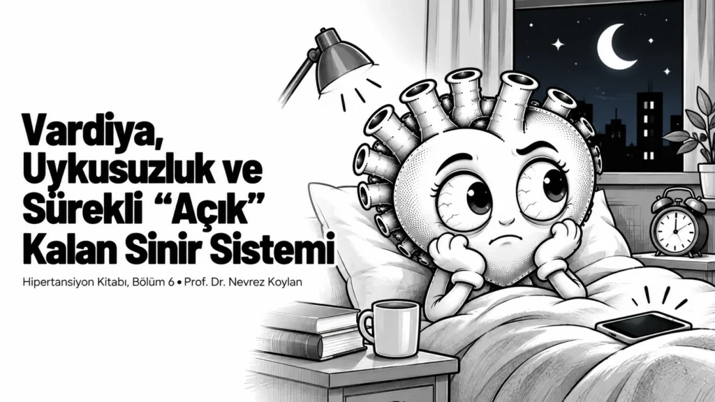 Vardiya uykusuzluk ve sinir sistemi yazısının kapağı: gece yarısı hâlâ uyanık, yorgun ama tetikte duran siyah-beyaz karikatür kalp