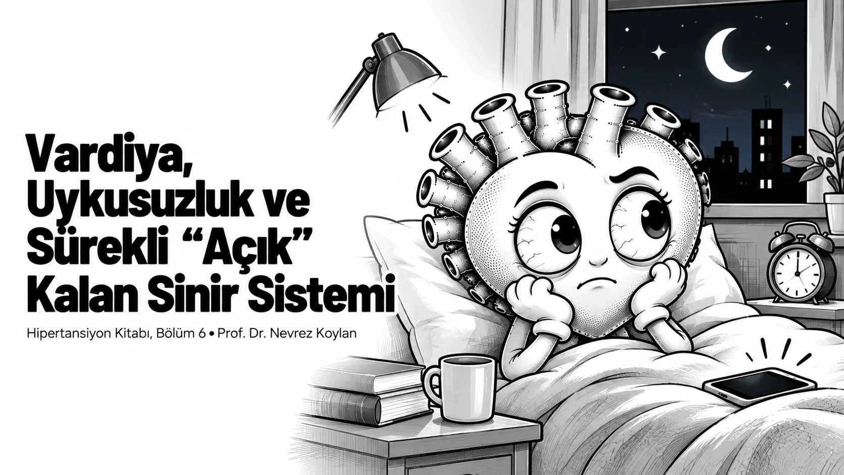 Vardiya uykusuzluk ve sinir sistemi yazısının kapağı: gece yarısı hâlâ uyanık, yorgun ama tetikte duran siyah-beyaz karikatür kalp