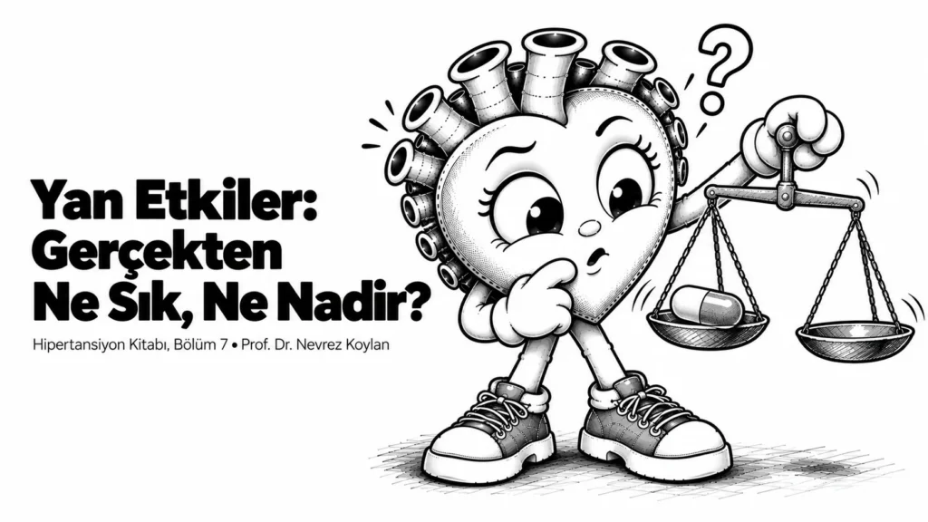 Yan etkiler gerçekten ne sık ne nadir yazısının kapağı: elinde bir terazi tutup gerçek riski tartan meraklı siyah-beyaz karikatür kalp