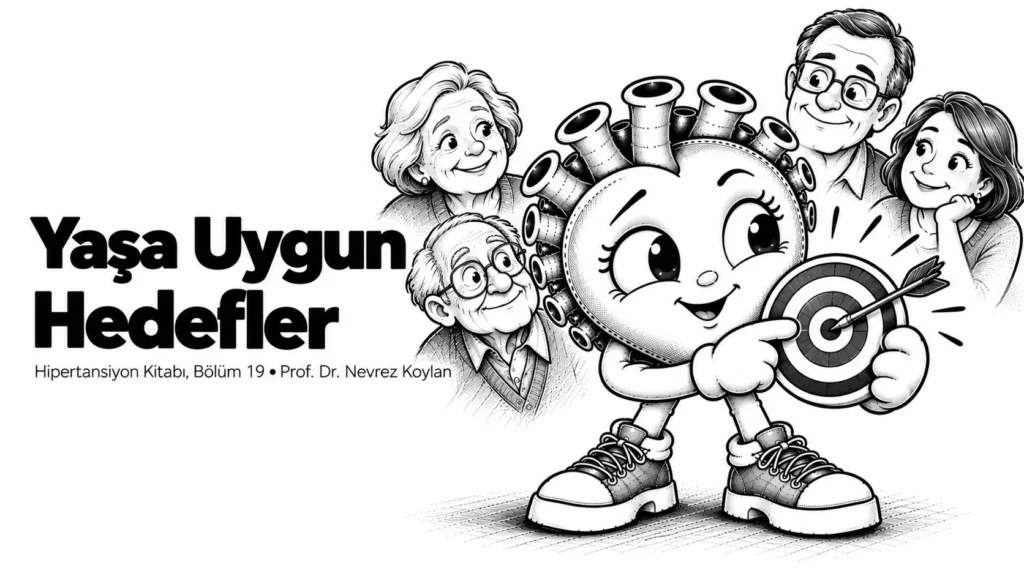 Yaşa uygun hedefler yazısının kapağı: elinde kişiye özel ayarlanmış bir hedef tahtası tutan bilge siyah-beyaz karikatür kalp
