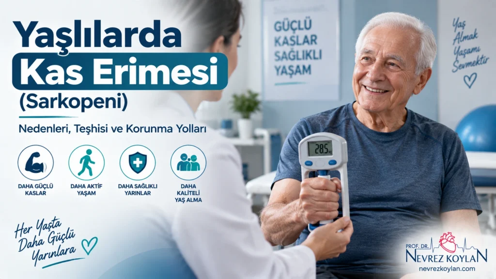 Yaşlılarda kas erimesi (sarkopeni) kapak görseli — el sıkma gücü testi yapan yaşlı birey