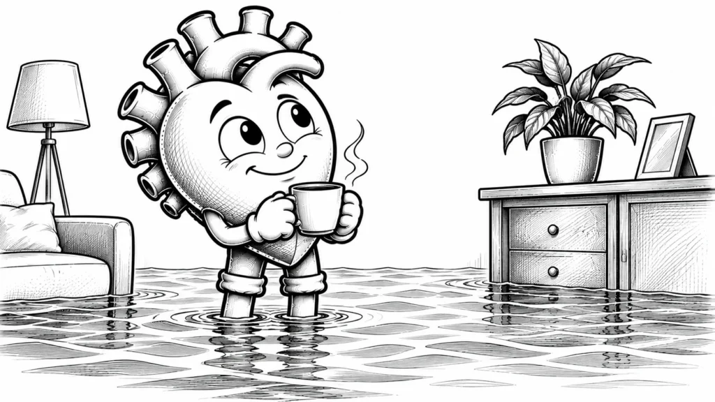 Yavaşça yükselen bir su seviyesine ayak uçlarında uyum sağlayan, fark etmeyen karikatür karakter