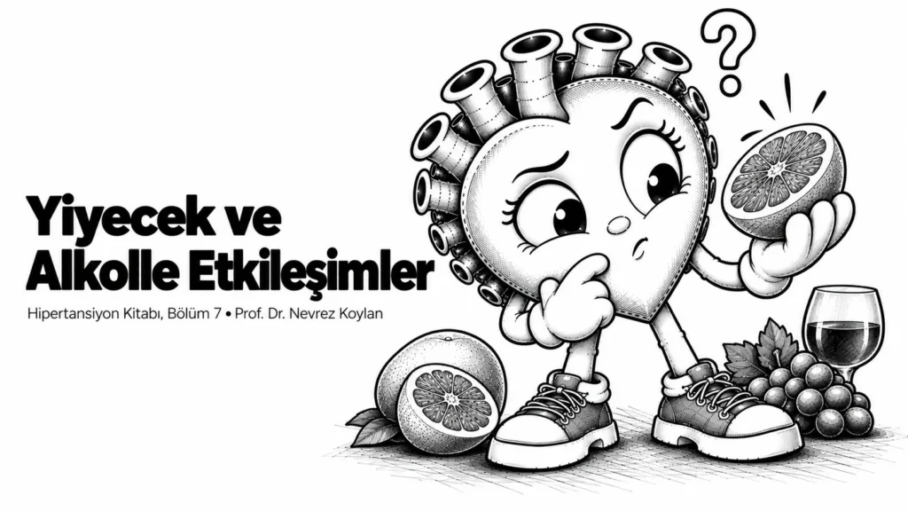 Yiyecek ve alkolle etkileşimler yazısının kapağı: elinde bir greyfurt tutup şüpheyle inceleyen siyah-beyaz karikatür kalp