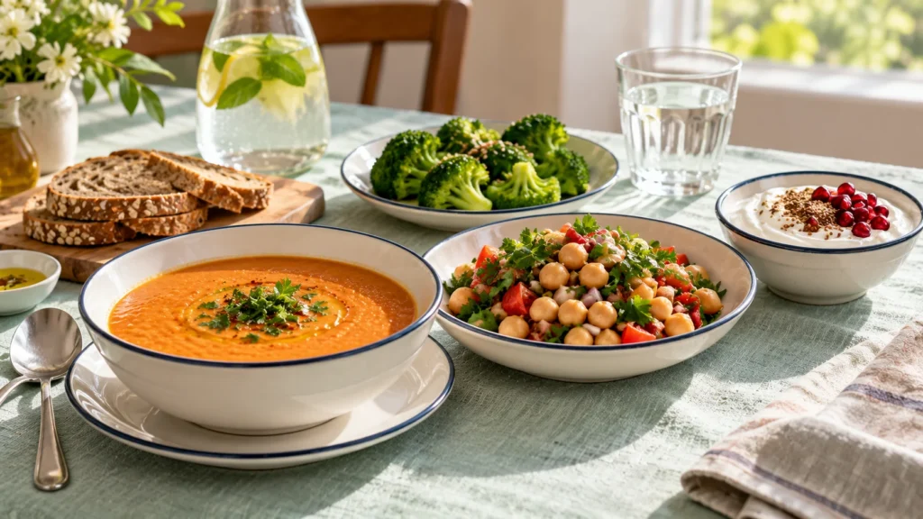 Nohut, mercimek salatası, keten tohumlu yoğurt ve tam tahıllı ekmekten oluşan fitoöstrojen içeren dengeli bir Türk-Akdeniz sofrası