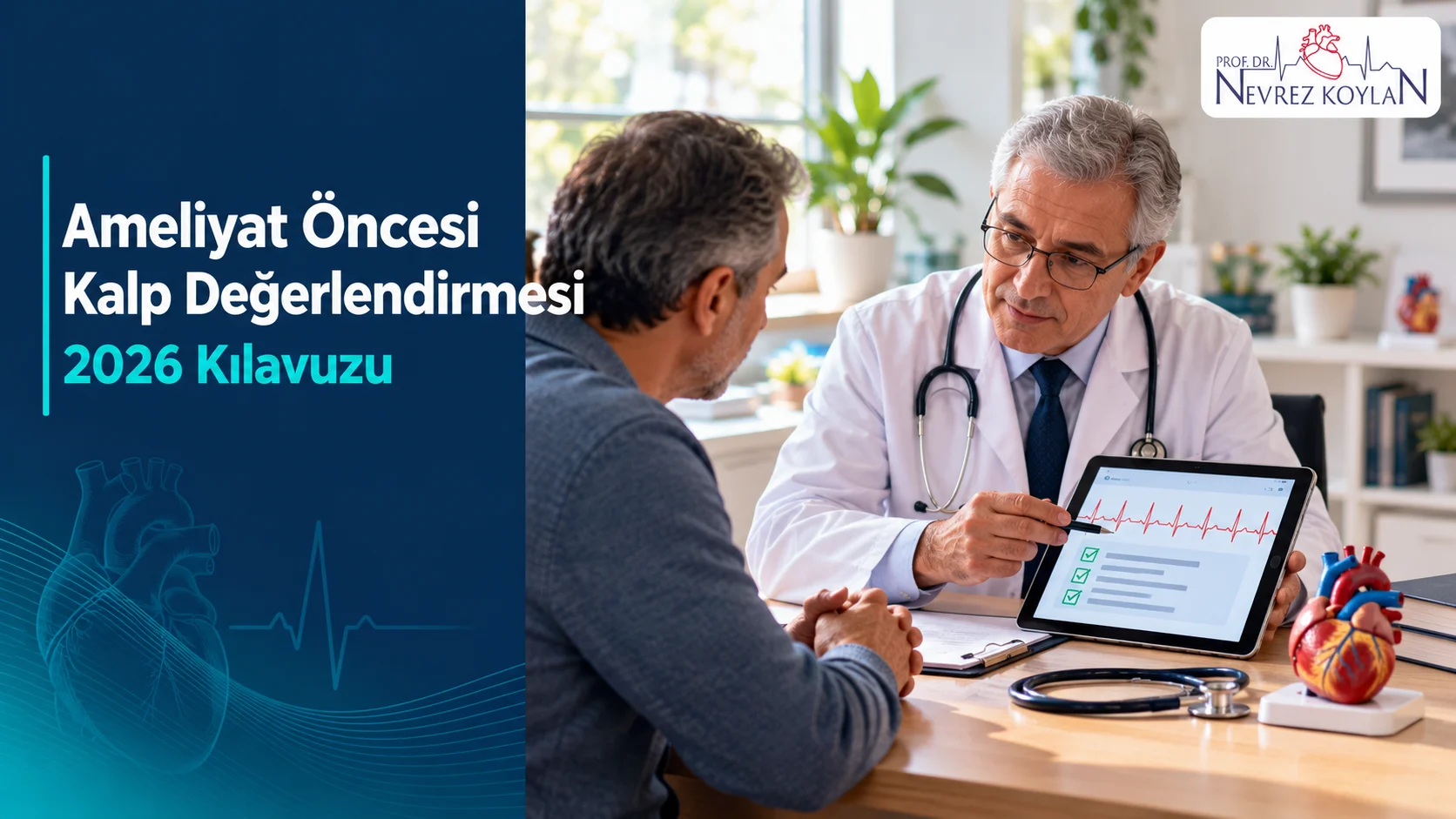 Ameliyat öncesi kalp değerlendirmesi: kardiyolog, kalp dışı ameliyat öncesi hastanın EKG ve risk sonuçlarını inceliyor
