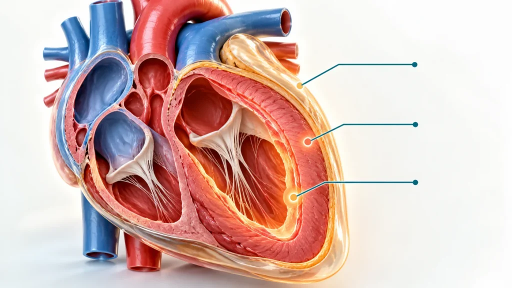 Kalp iltihabı türleri: miyokardit, perikardit ve endokarditte tutulan kalp katmanlarını gösteren anatomik illüstrasyon