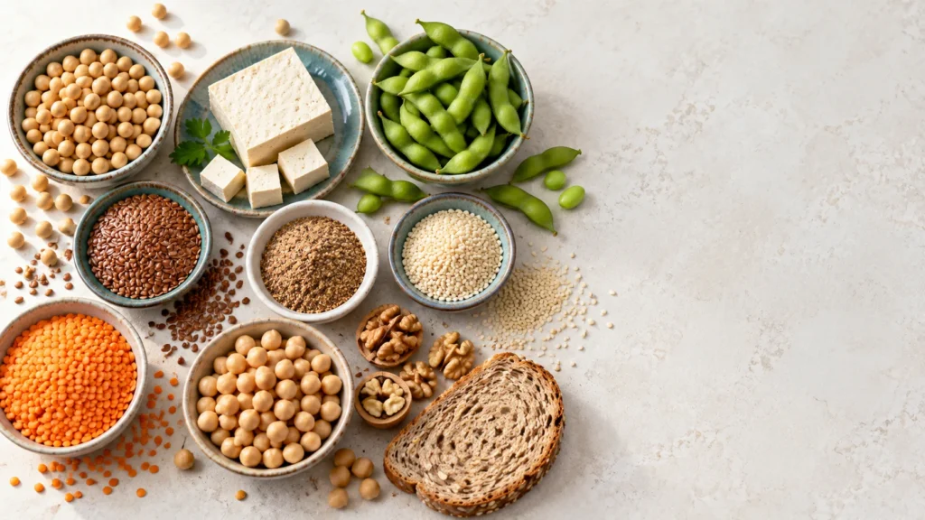 Fitoöstrojen kaynakları: soya fasulyesi, tofu, keten tohumu, susam, nohut ve mercimek
