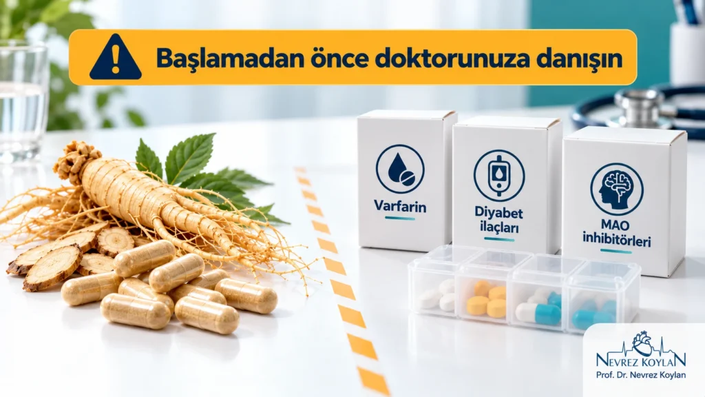 Ginseng ilaç etkileşimleri: ginseng kapsülleri ile kan sulandırıcı ve diyabet ilacı kutularının yan yana durması