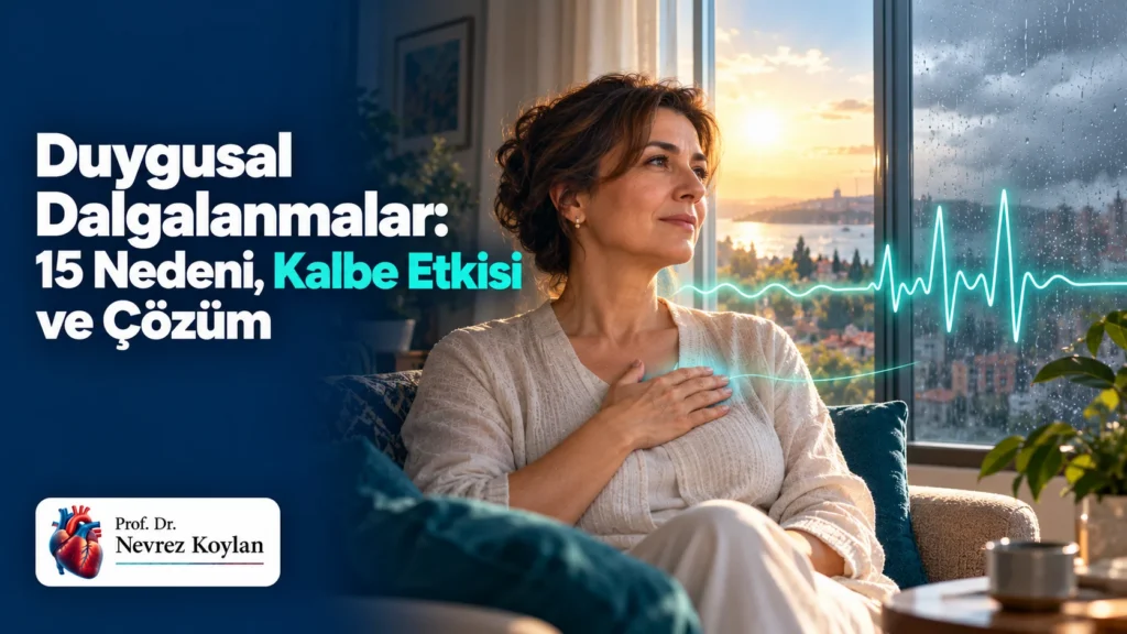 Duygusal dalgalanmalar: 15 nedeni, kalbe etkisi ve çözüm başlıklı kapak; pencere kenarında düşünceli orta yaşlı kadın, yarısı güneşli yarısı yağmurlu gökyüzü, göğsünden yükselen EKG çizgisi ve Prof. Dr. Nevrez Koylan logosu