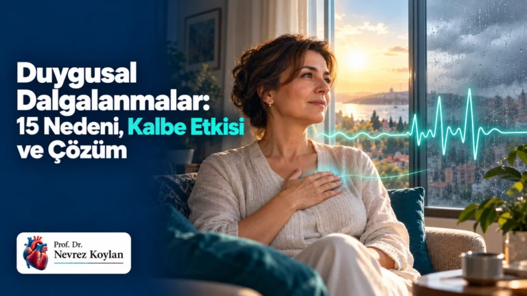 Duygusal dalgalanmalar: 15 nedeni, kalbe etkisi ve çözüm başlıklı kapak; pencere kenarında düşünceli orta yaşlı kadın, yarısı güneşli yarısı yağmurlu gökyüzü, göğsünden yükselen EKG çizgisi ve Prof. Dr. Nevrez Koylan logosu