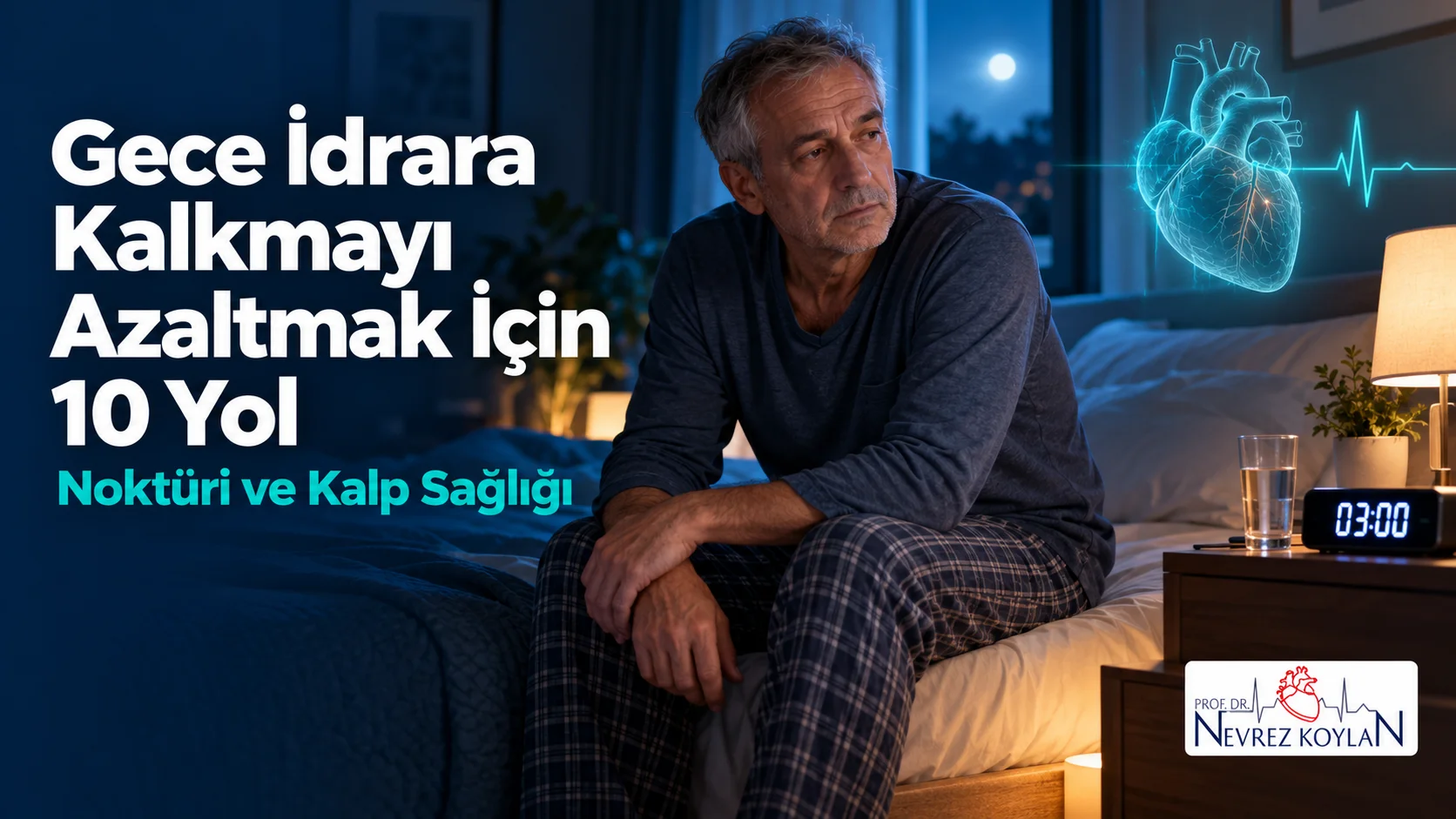Gece idrara kalkmayı azaltmak için 10 yol başlıklı kapak; gece yarısı yatağın kenarında oturan orta yaşlı adam, mavi gece ışığında saat, su bardağı, anatomik kalp ve Prof. Dr. Nevrez Koylan logosu
