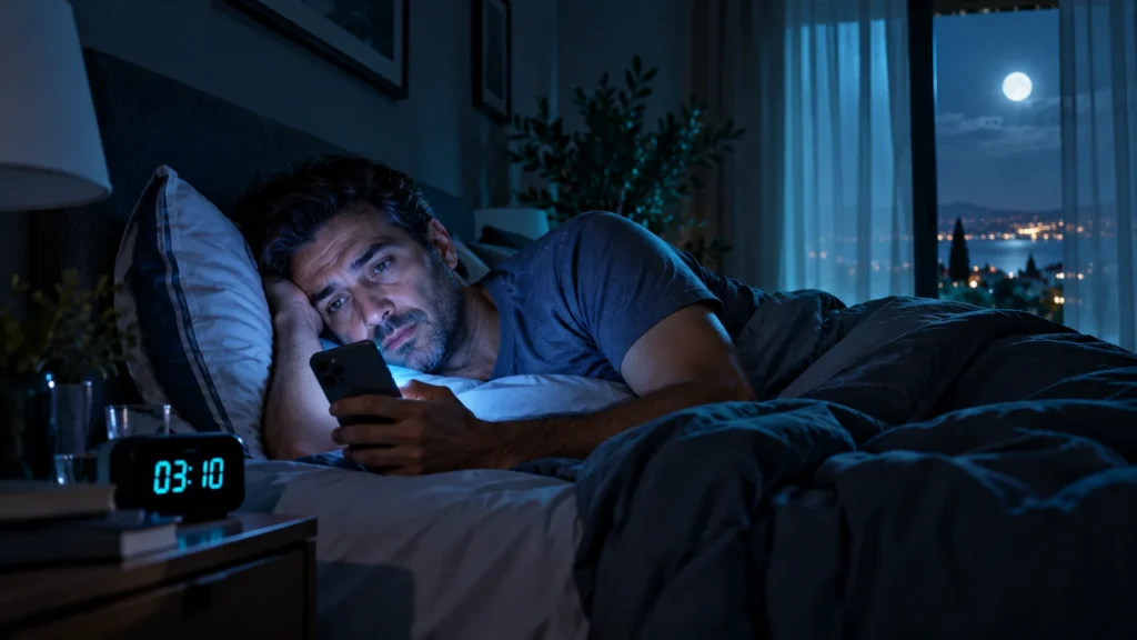 Uykusuzluk ve duygusal dalgalanmalar: gece yatakta uyanık, telefon ışığıyla aydınlanan yorgun yüzlü adam ve komodinde 03.10'u gösteren saat