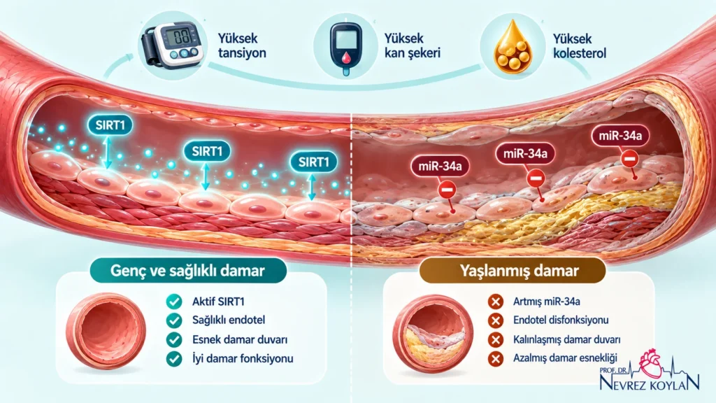 Hipertansiyon, diyabet ve kolesterolün miR-34a üzerinden SIRT1'i baskılayarak damar yaşlanmasına etkisini gösteren illüstrasyon