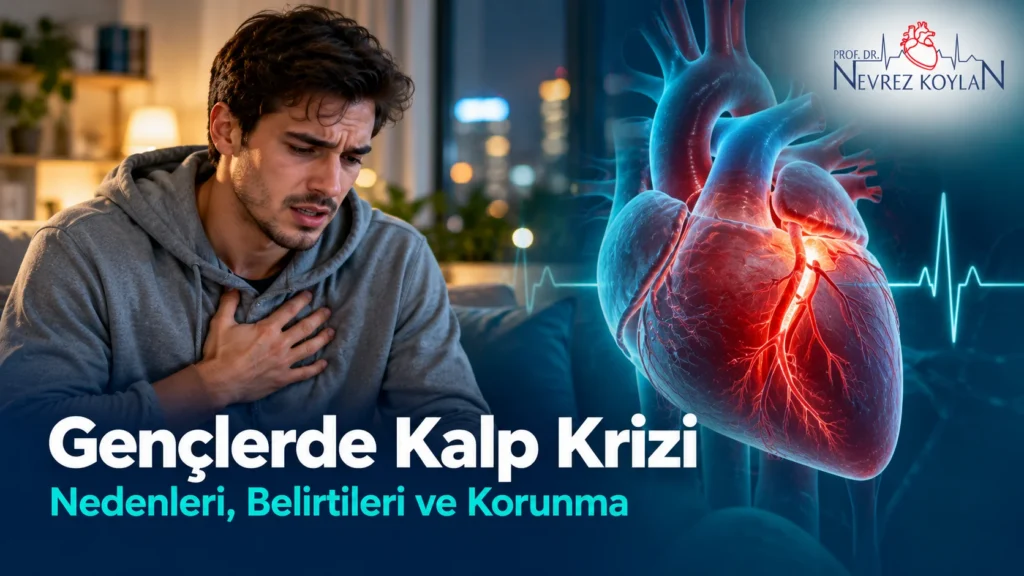 Gençlerde kalp krizi: göğsünü tutan genç adam ve parlayan anatomik kalp illüstrasyonu, Prof. Dr. Nevrez Koylan logosu