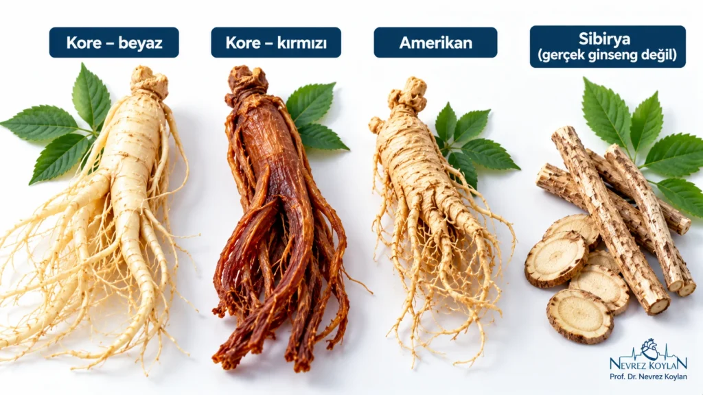 Kore ginsengi, Amerikan ginsengi, kırmızı ve beyaz ginseng köklerinin yan yana karşılaştırması