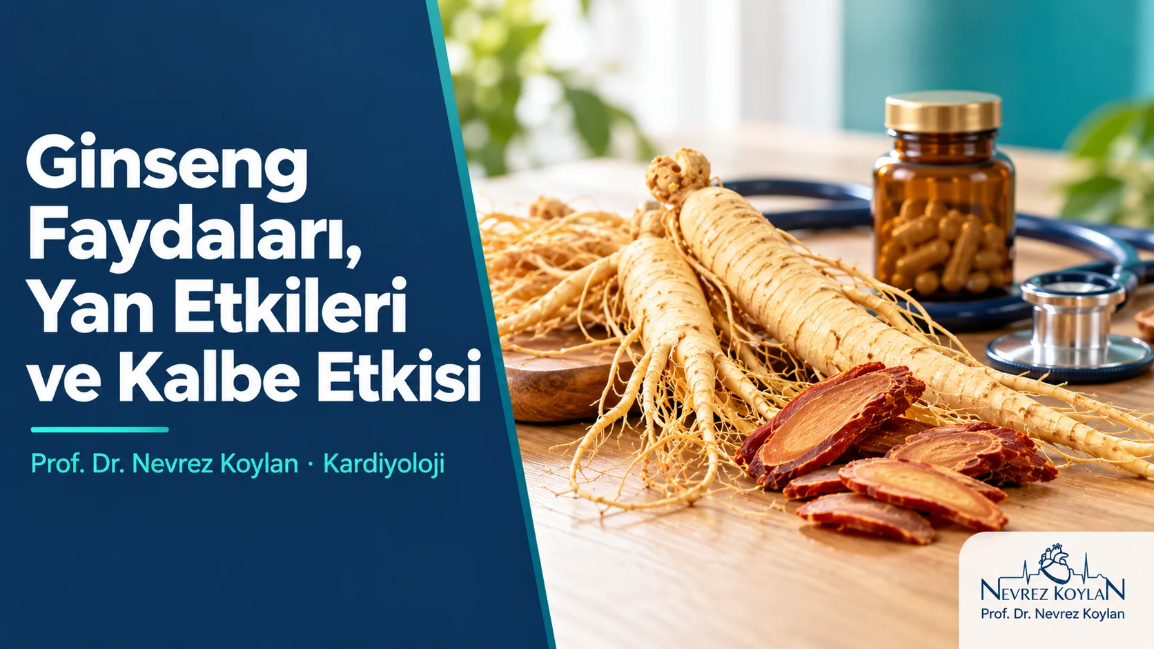 Ginseng faydaları ve yan etkileri: ahşap masada taze ve kurutulmuş ginseng kökleri ile stetoskop