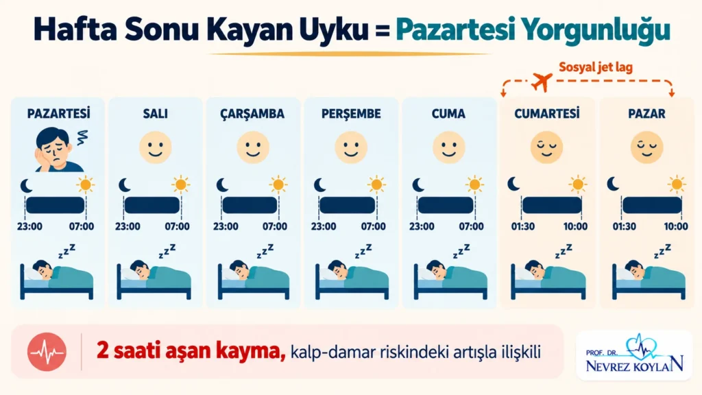 Pazartesi sendromu ve sosyal jet lag: hafta içi ve hafta sonu uyku saatleri arasındaki kaymayı gösteren haftalık uyku ritmi infografiği