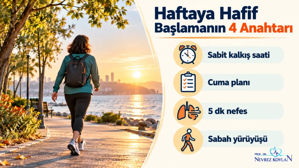 Pazartesi sendromuyla başa çıkma: sabah güneşinde tempolu yürüyüş yapan kişi ve nefes, plan, uyku düzeni ikonlarıyla hafta başı rutini
