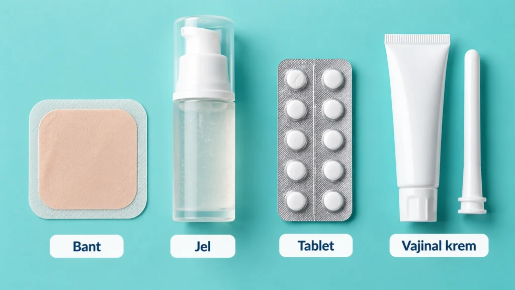 Menopozda hormon tedavisinde kullanılan bant, jel, tablet ve vajinal krem formları