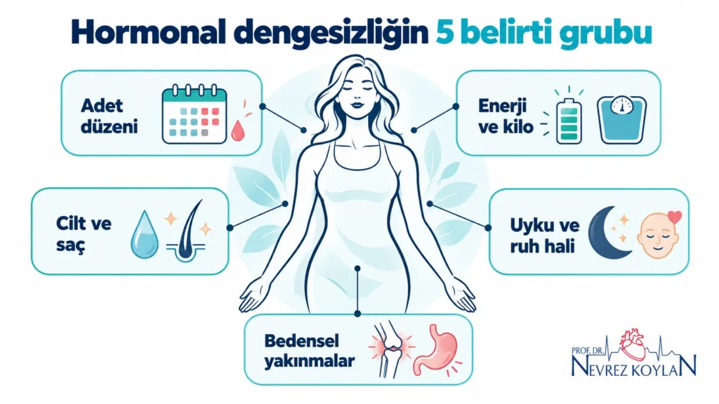 Kadınlarda hormonal dengesizlik belirtileri ve nedenlerini anlatan kapak görseli; kadın silueti, kalp ve hormon bezlerini birbirine bağlayan çizgiler.