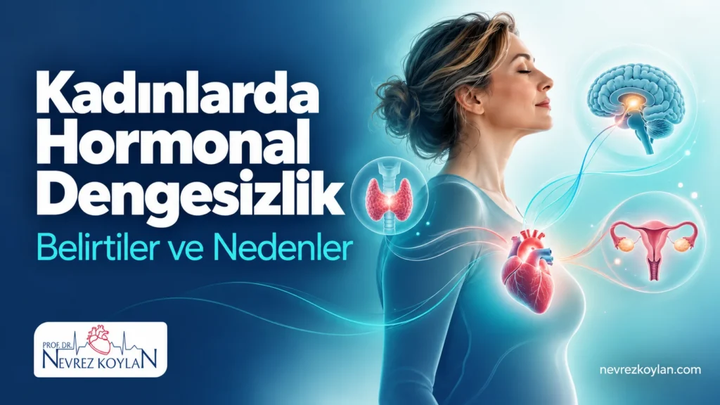 Kadınlarda hormonal dengesizlik belirtileri ve nedenlerini anlatan kapak görseli; kadın silueti, kalp ve hormon bezlerini birbirine bağlayan çizgiler.