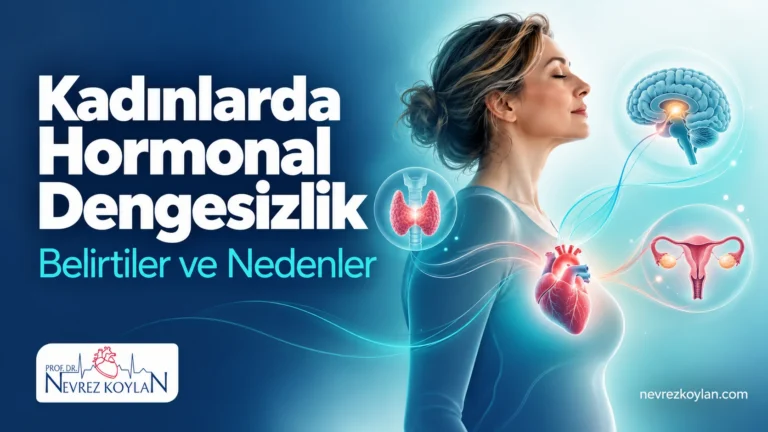 Kadınlarda hormonal dengesizlik belirtileri ve nedenlerini anlatan kapak görseli; kadın silueti, kalp ve hormon bezlerini birbirine bağlayan çizgiler.